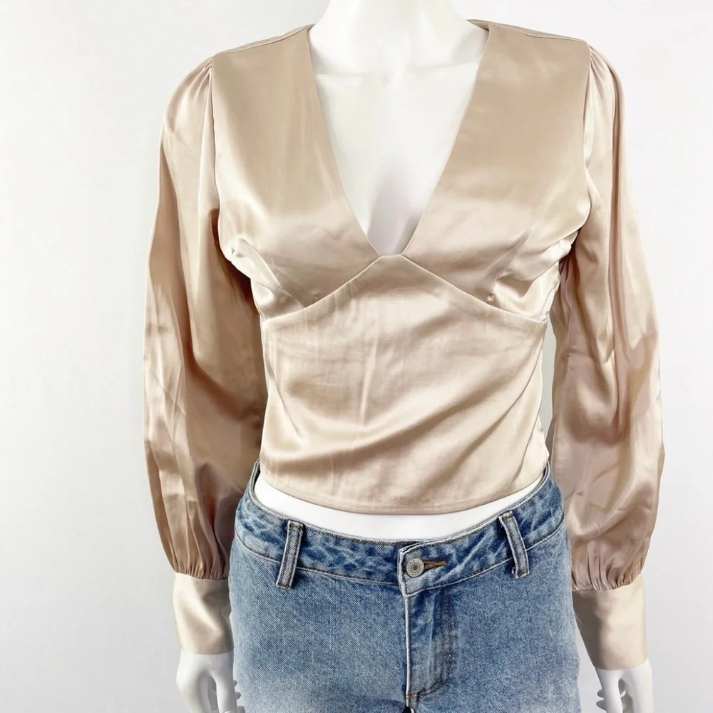 Abercrombie & Fitch Satin Deep V Puff Sleeve Long Sleeve Shiny Champagne Color